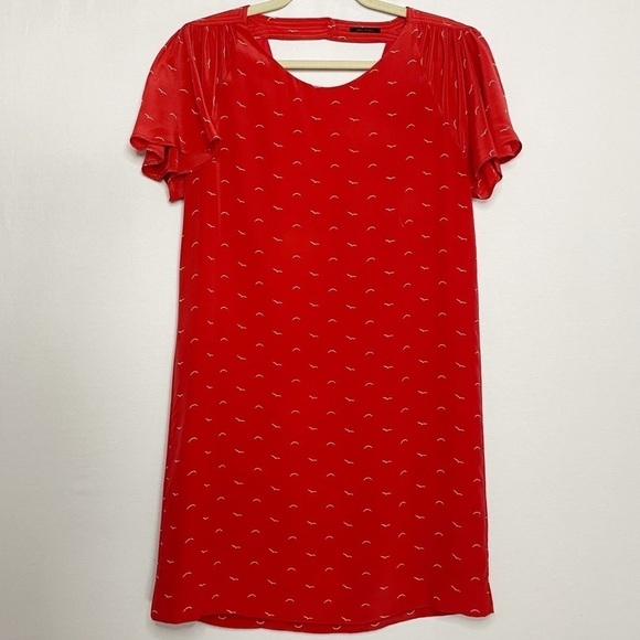 Silk Novelty Bird Print Feminine Ruffle Sleeve Cut Out Back Mini Dress - Picture 1 of 12